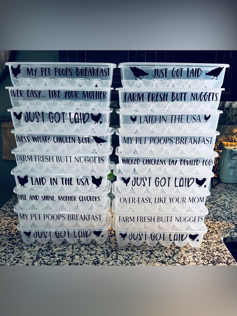 Funny Farm Fresh Egg Carton Storage - Clear with Black Lettering